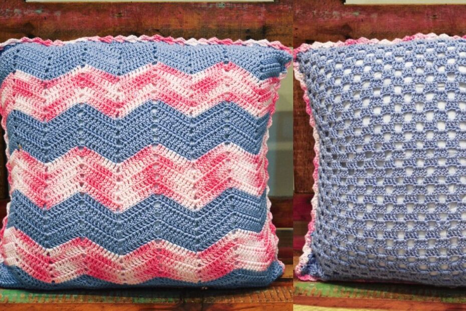 Almofada de Crochê Duna Zig Zag Azul e Rosa Completa