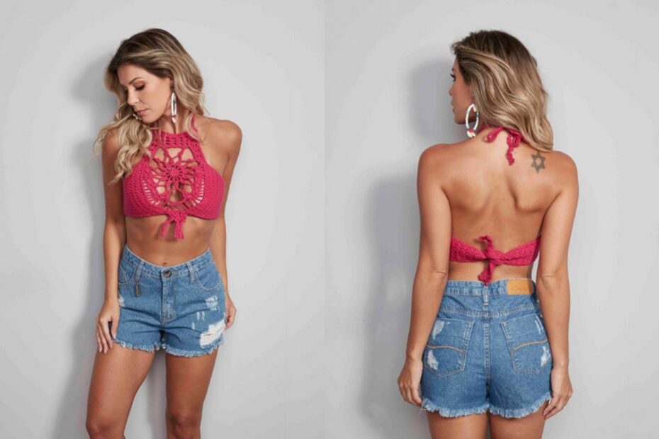 cropped de crochê pink barroco